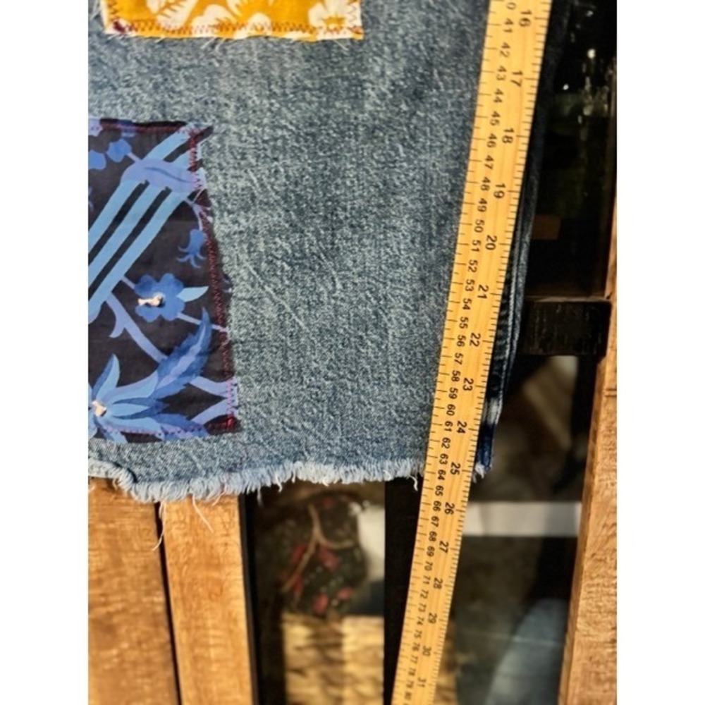 Unique upcycled Bird Patchwork Straight Leg Jeans Eclectic Boho Denim 14/32 - Picture 9 of 14